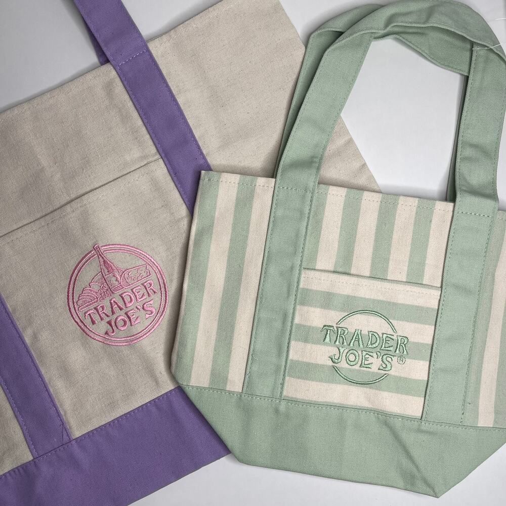 Set of 2 — Trader Joe’s Canvas Tote Bags — Large Size PURPLE + Mini STRIPE GREEN